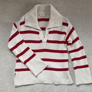 LOFT V-Neck Sweater with Red and Cream Stripes